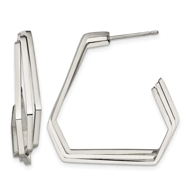Pair of polished silver-tone rectangular hoop earrings with angular corners, shown from front and side views.