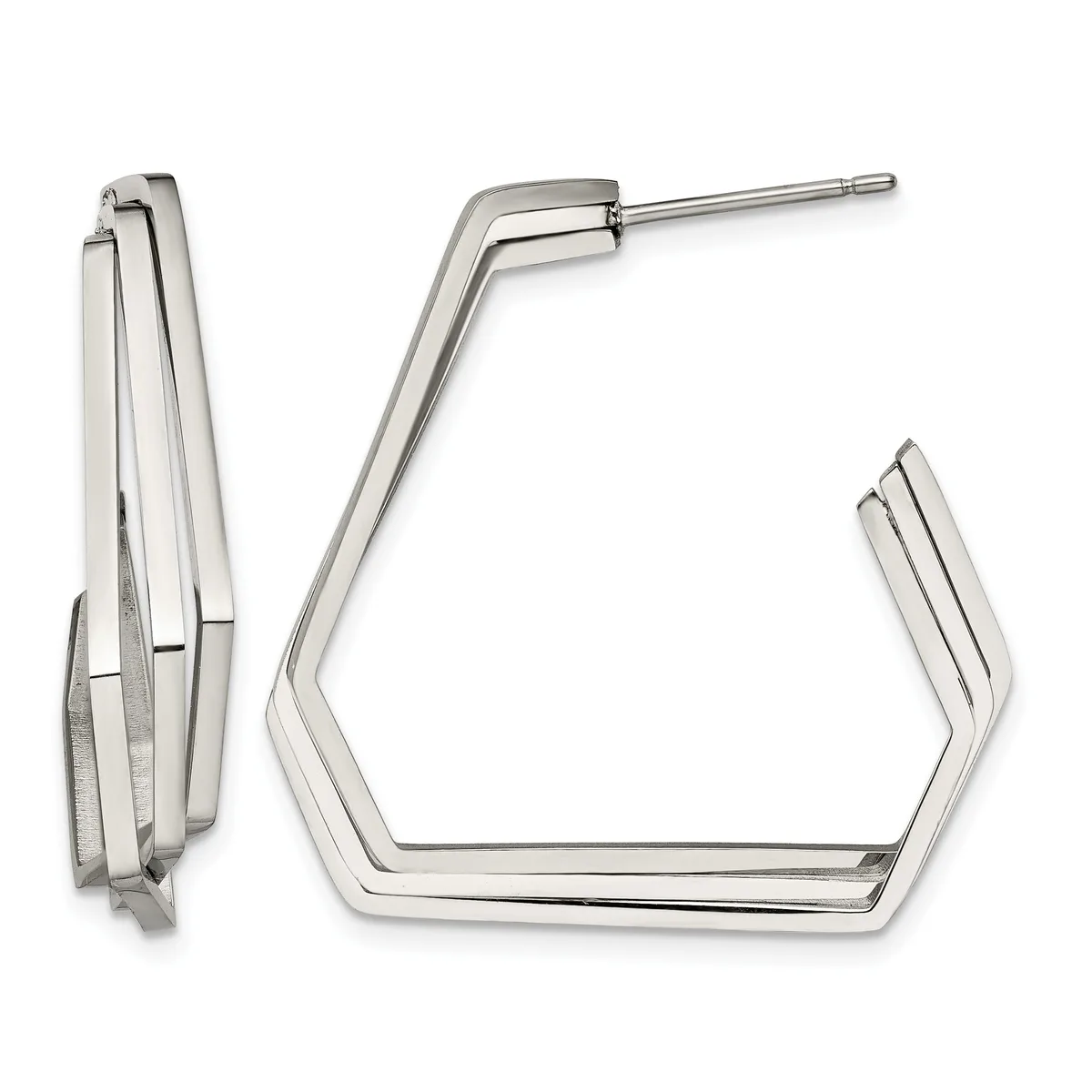 Pair of polished silver-tone rectangular hoop earrings with angular corners, shown from front and side views.