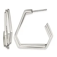 Pair of polished silver-tone rectangular hoop earrings with angular corners, shown from front and side views.