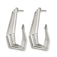 Pair of silver-toned chunky rectangular hoop earrings with textured surfaces and post backs, shown from the front.