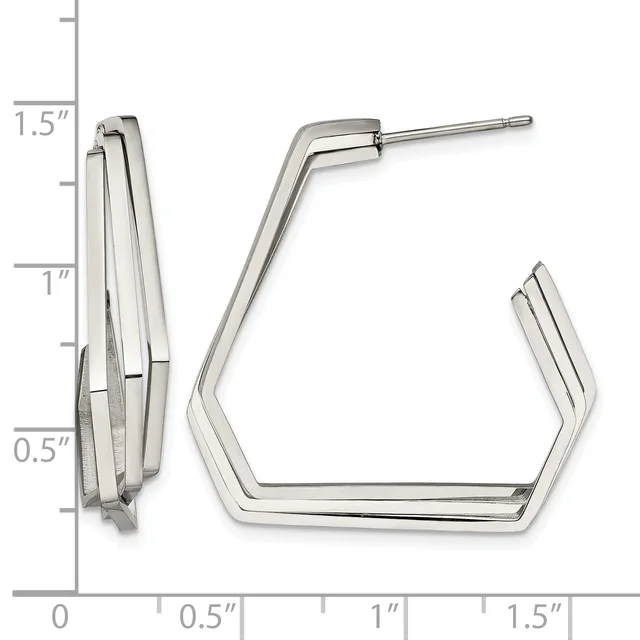 Pair of polished silver-toned rectangular hoop earrings with angled corners, shown from front and side views with a measurement scale.