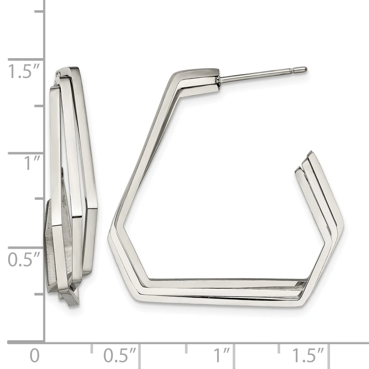 Pair of polished silver-toned rectangular hoop earrings with angled corners, shown from front and side views with a measurement scale.