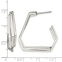 Pair of polished silver-toned rectangular hoop earrings with angled corners, shown from front and side views with a measurement scale.