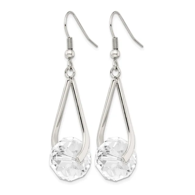 A pair of silver-tone teardrop earrings with clear faceted crystal stones suspended within open metal frames, shown hanging from silver fishhook wires.