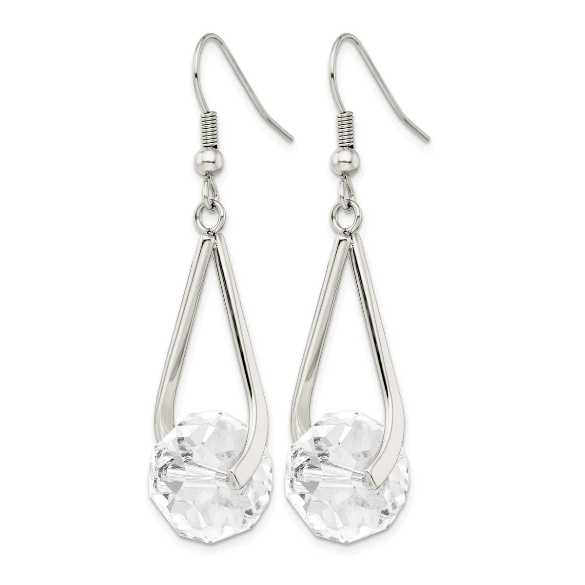 A pair of silver-tone teardrop earrings with clear faceted crystal stones suspended within open metal frames, shown hanging from silver fishhook wires.