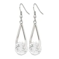 A pair of silver-tone teardrop earrings with clear faceted crystal stones suspended within open metal frames, shown hanging from silver fishhook wires.