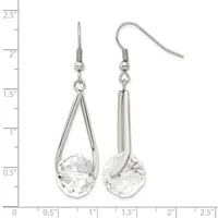 A pair of silver-toned dangle earrings with teardrop-shaped clear crystal stones, displayed against a ruler showing measurements up to 2.5 inches.