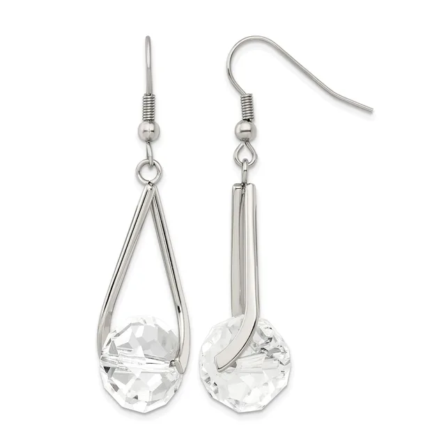 A pair of silver-toned dangle earrings with teardrop-shaped frames suspending faceted clear crystal briolette stones, displayed front and back views.