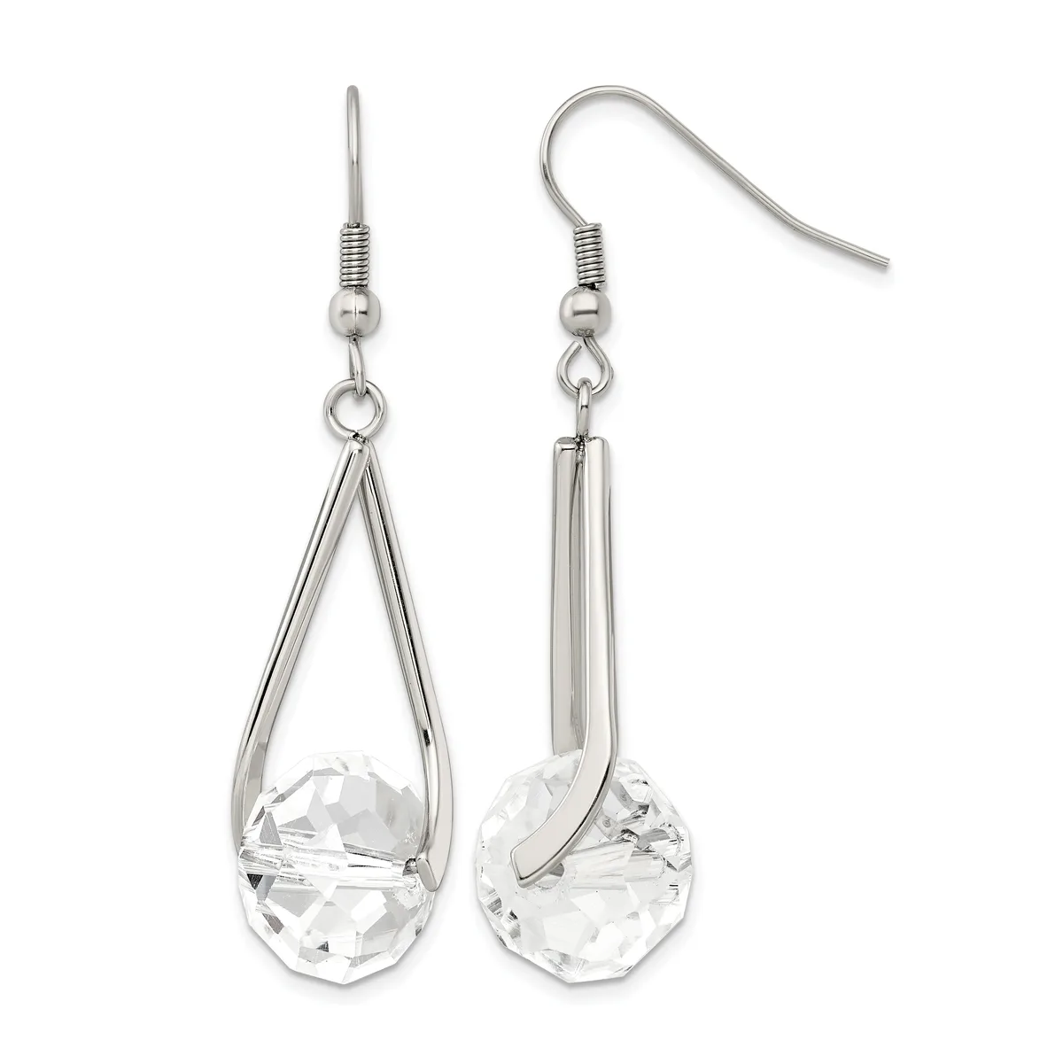 A pair of silver-toned dangle earrings with teardrop-shaped frames suspending faceted clear crystal briolette stones, displayed front and back views.