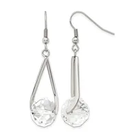 A pair of silver-toned dangle earrings with teardrop-shaped frames suspending faceted clear crystal briolette stones, displayed front and back views.