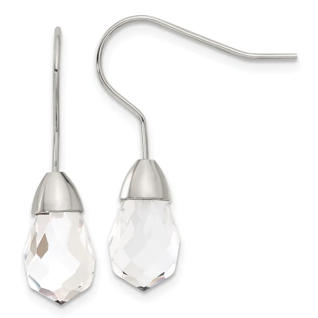 Pair of silver teardrop earrings with faceted clear crystal pendants hanging from curved wire hooks.
