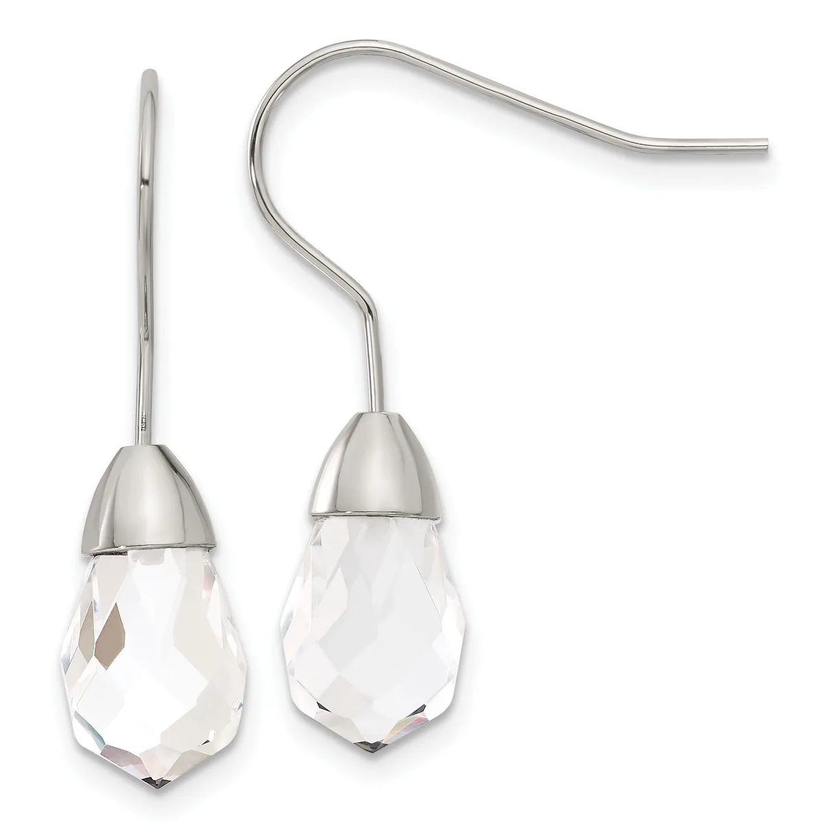 Pair of silver teardrop earrings with faceted clear crystal pendants hanging from curved wire hooks.