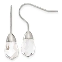 Pair of silver teardrop earrings with faceted clear crystal pendants hanging from curved wire hooks.