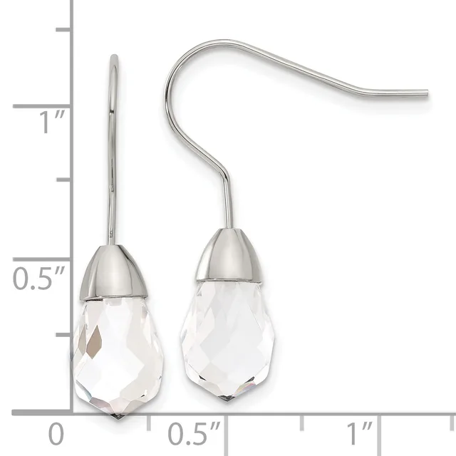 Pair of teardrop-shaped clear crystal earrings with polished silver-tone metal caps and matching curved wire hooks, shown against a measurement scale.