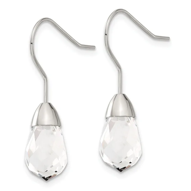 A pair of silver-toned drop earrings with curved ear wires and faceted clear crystal teardrop pendants capped with polished metal.