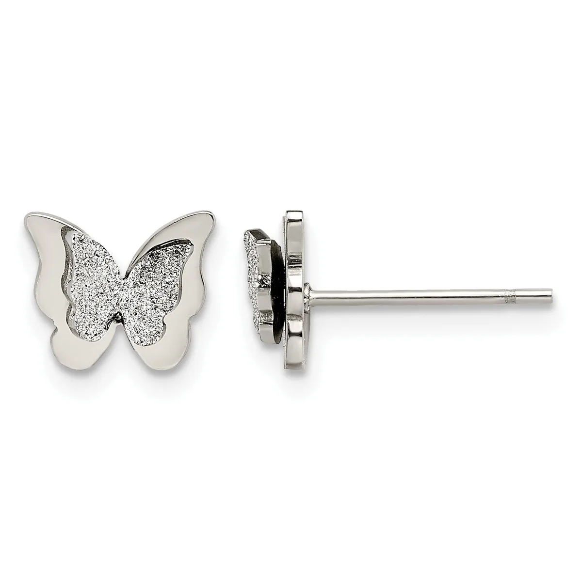 A pair of silver butterfly stud earrings with glitter-textured wings and polished outer edges, shown from front and side views.