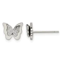 A pair of silver butterfly stud earrings with glitter-textured wings and polished outer edges, shown from front and side views.