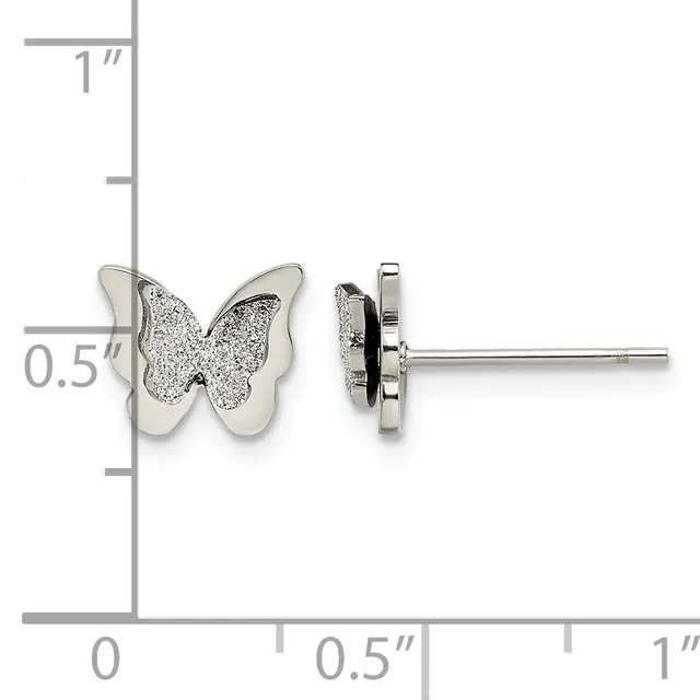 Silver butterfly stud earrings with glitter texture on wings, shown front and side view against a measurement scale.