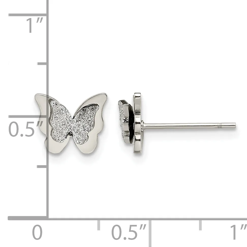 Silver butterfly stud earrings with glitter texture on wings, shown front and side view against a measurement scale.