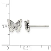 Silver butterfly stud earrings with glitter texture on wings, shown front and side view against a measurement scale.