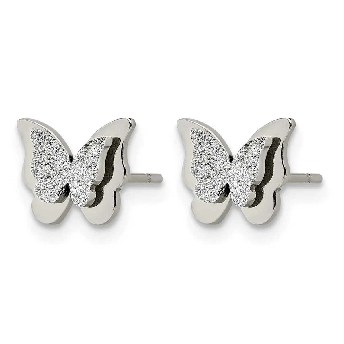 A pair of silver butterfly stud earrings with textured glitter finish on the wings and polished surfaces on the lower sections, shown from the front.
