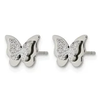 A pair of silver butterfly stud earrings with textured glitter finish on the wings and polished surfaces on the lower sections, shown from the front.