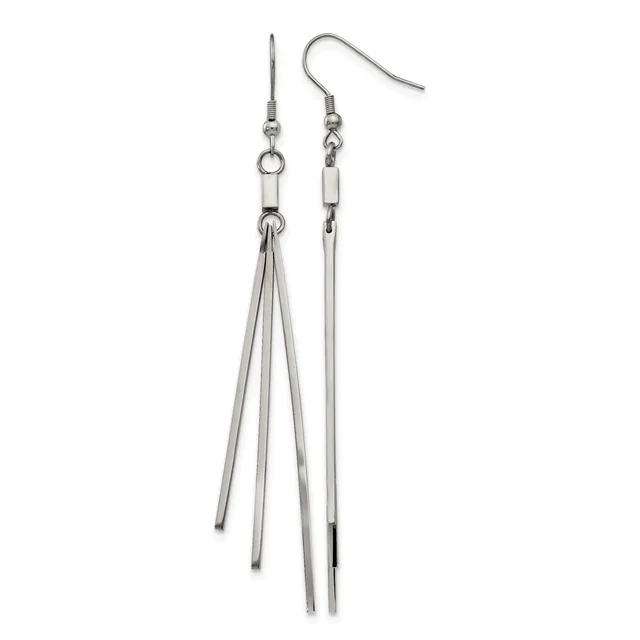 A pair of stainless steel earrings with fish hook closures, featuring long tapered bars that fan out into four thin strands on one earring and remain as a single bar on the other.