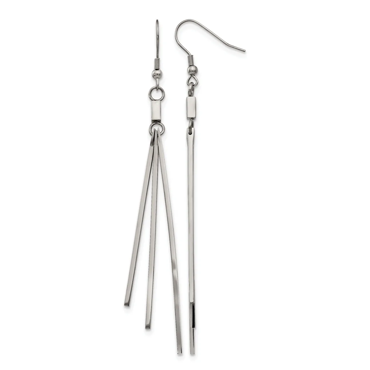 A pair of stainless steel earrings with fish hook closures, featuring long tapered bars that fan out into four thin strands on one earring and remain as a single bar on the other.