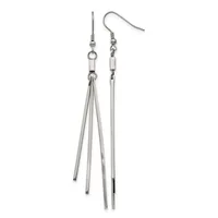 A pair of stainless steel earrings with fish hook closures, featuring long tapered bars that fan out into four thin strands on one earring and remain as a single bar on the other.