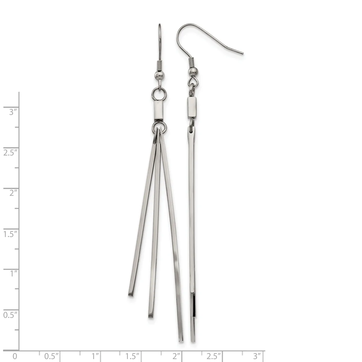 A pair of silver-toned dangling earrings with chain strands extending from hook closures, displayed against a measurement ruler.