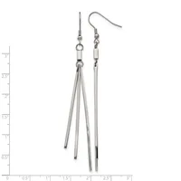 A pair of silver-toned dangling earrings with chain strands extending from hook closures, displayed against a measurement ruler.