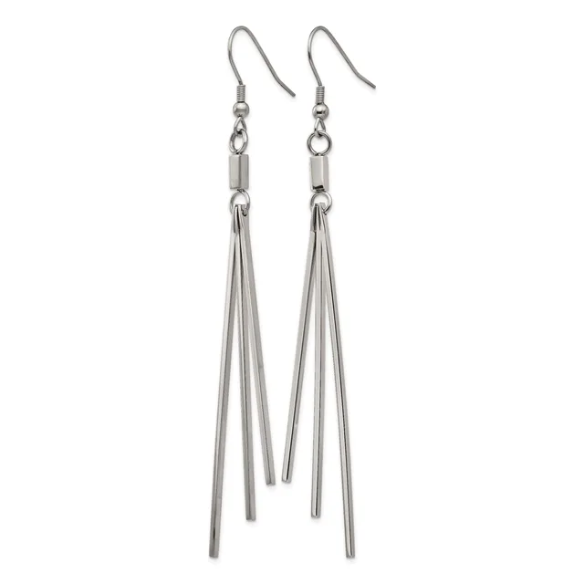 A pair of silver-toned drop earrings with fish hook ear wires, featuring cylindrical connectors and four thin tapered rods hanging from each earring.