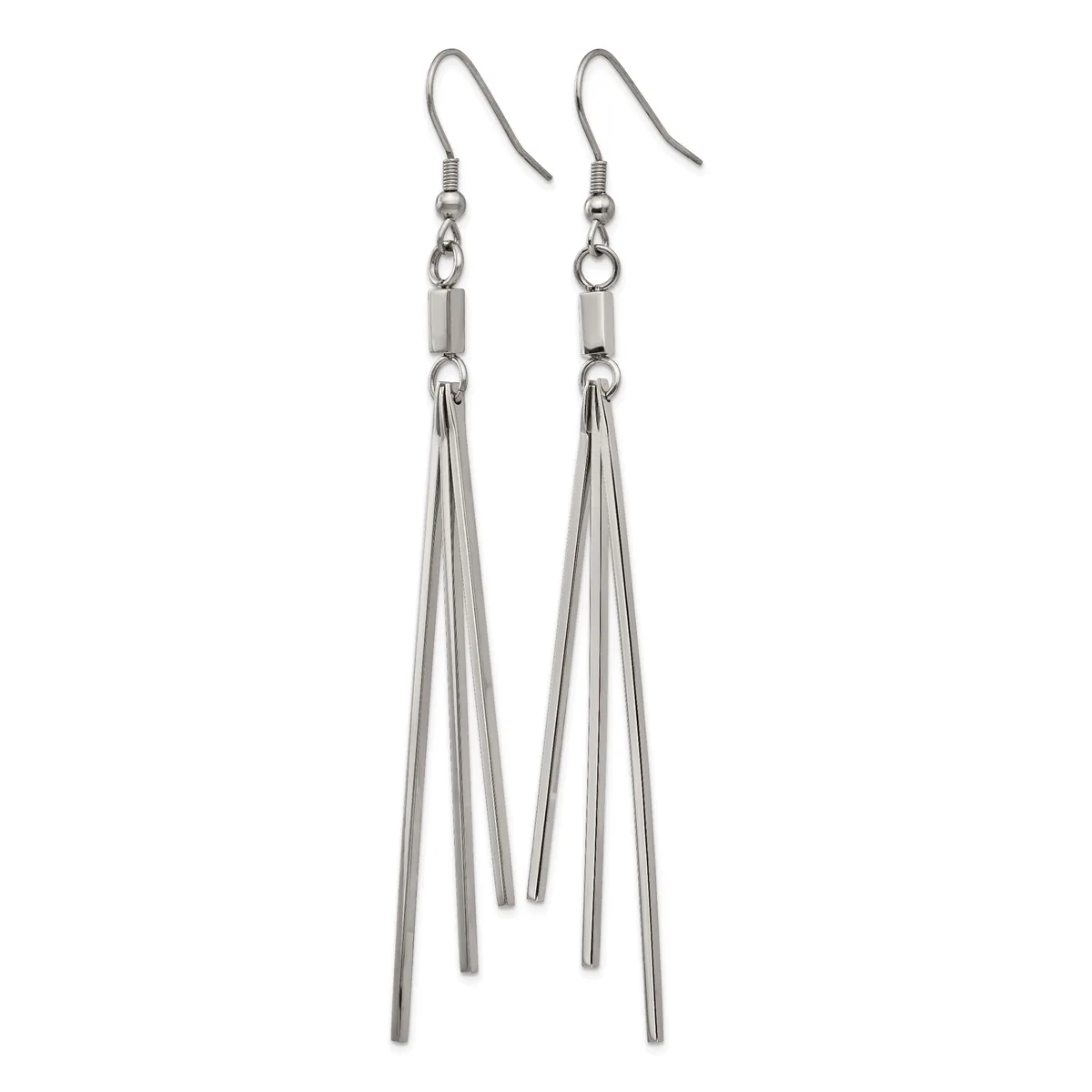 A pair of silver-toned drop earrings with fish hook ear wires, featuring cylindrical connectors and four thin tapered rods hanging from each earring.