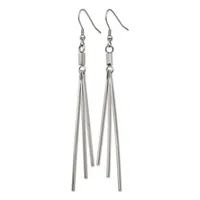 A pair of silver-toned drop earrings with fish hook ear wires, featuring cylindrical connectors and four thin tapered rods hanging from each earring.