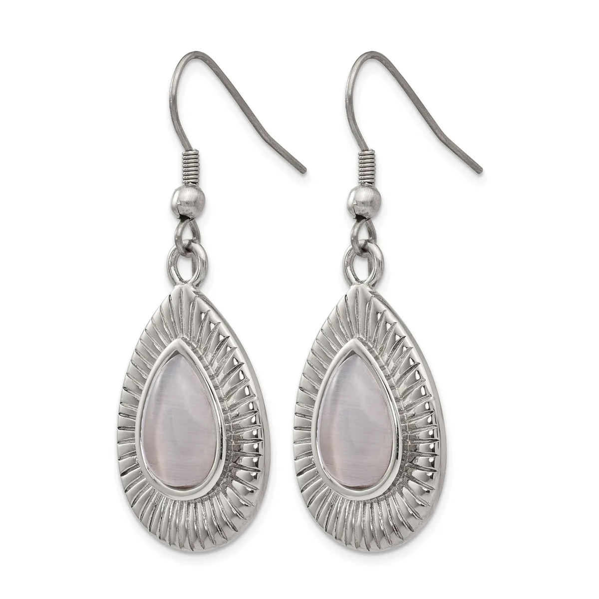 Pair of silver-toned teardrop earrings with radiating textured frames surrounding pale pink or lavender cabochon stones, suspended from hook-style ear wires.