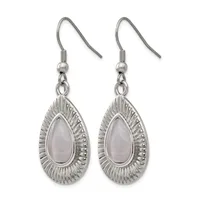 Pair of silver-toned teardrop earrings with radiating textured frames surrounding pale pink or lavender cabochon stones, suspended from hook-style ear wires.