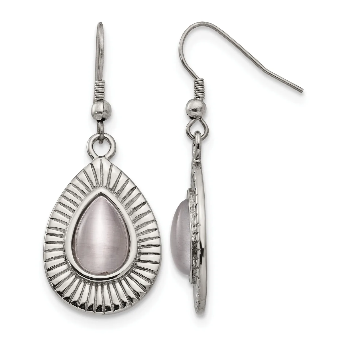 A pair of silver teardrop earrings with radiating linear detailing around the border and a polished oval stone cabochon in the center, shown from front and side views.