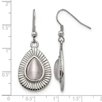 A pair of silver teardrop earrings with radiating ridged borders around pale stone centers, shown front and back view with a measurement scale.