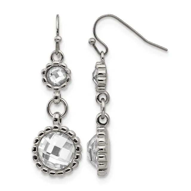 A pair of silver-tone dangle earrings with faceted clear crystal stones in decorative bezel settings, shown from front and side views.