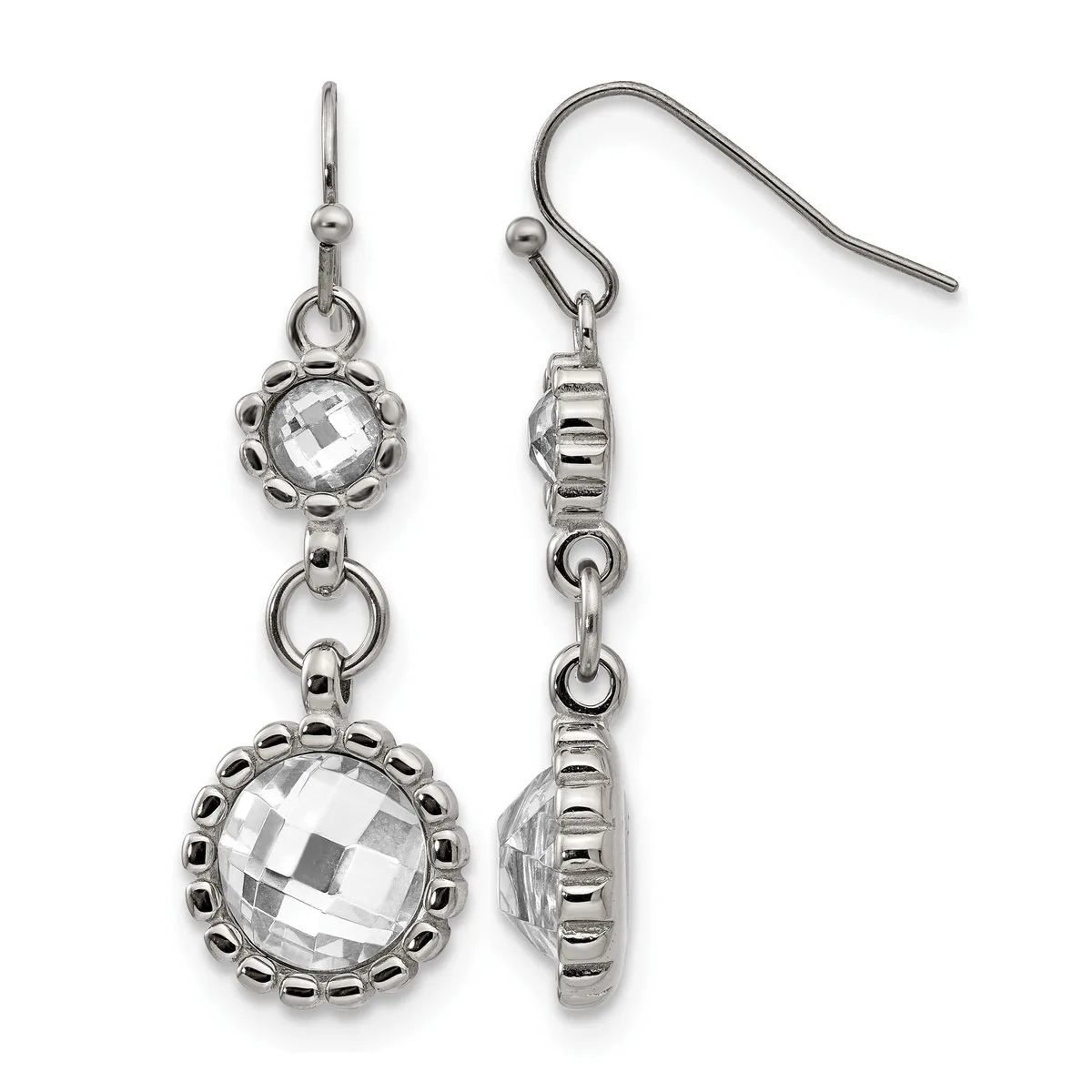A pair of silver-tone dangle earrings with faceted clear crystal stones in decorative bezel settings, shown from front and side views.