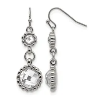 A pair of silver-tone dangle earrings with faceted clear crystal stones in decorative bezel settings, shown from front and side views.