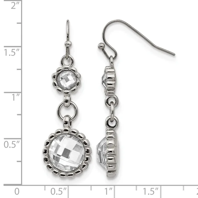 Silver-tone dangle earrings with faceted crystal round stones set in decorative bezels, connected by small rings, displayed against a measurement scale.