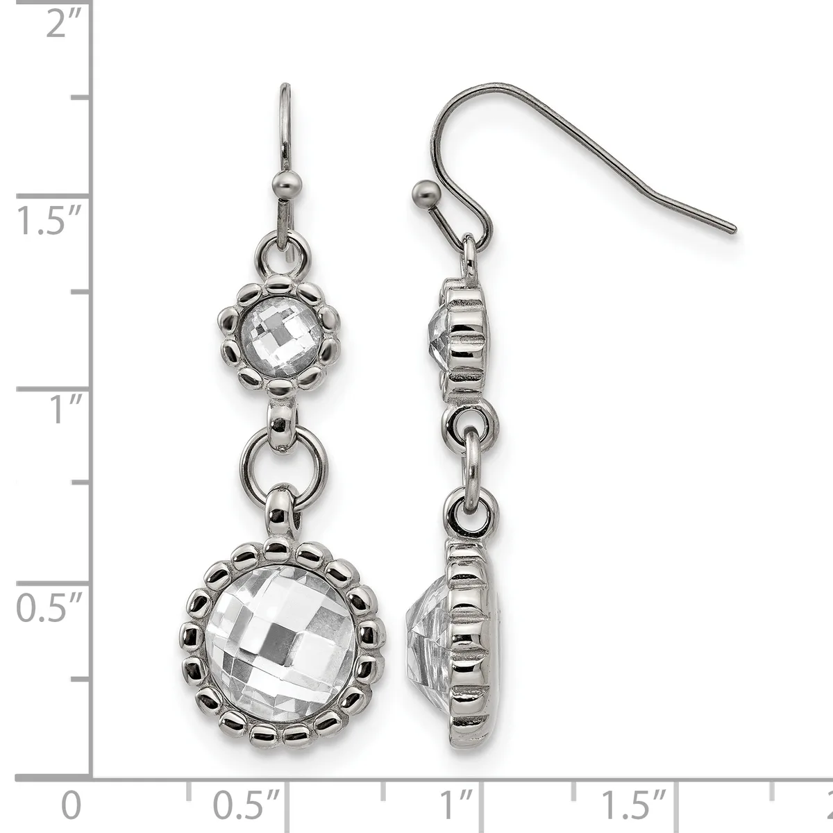 Silver-tone dangle earrings with faceted crystal round stones set in decorative bezels, connected by small rings, displayed against a measurement scale.