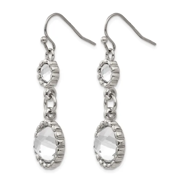 A pair of silver-toned dangle earrings with oval faceted clear crystal stones connected by chain links, suspended from curved ear wires.