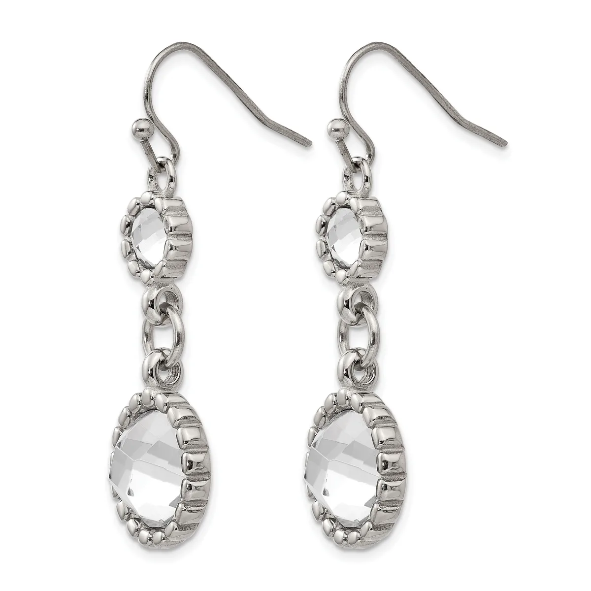 A pair of silver-toned dangle earrings with oval faceted clear crystal stones connected by chain links, suspended from curved ear wires.