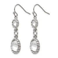 A pair of silver-toned dangle earrings with oval faceted clear crystal stones connected by chain links, suspended from curved ear wires.