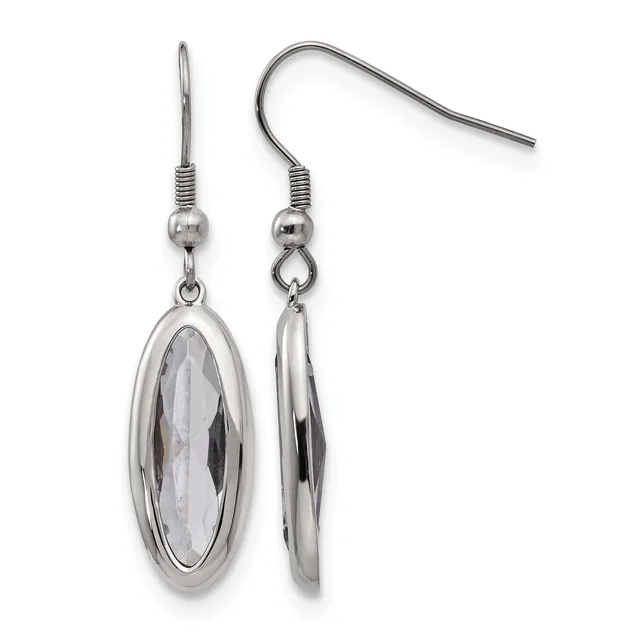A pair of silver-toned drop earrings with oval faceted clear stone pendants, shown front and side view.