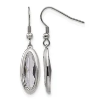 A pair of silver-toned drop earrings with oval faceted clear stone pendants, shown front and side view.