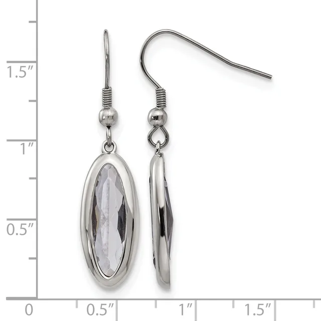 A pair of silver oval dangle earrings with faceted clear stone centers, shown front and back views against a measurement scale.