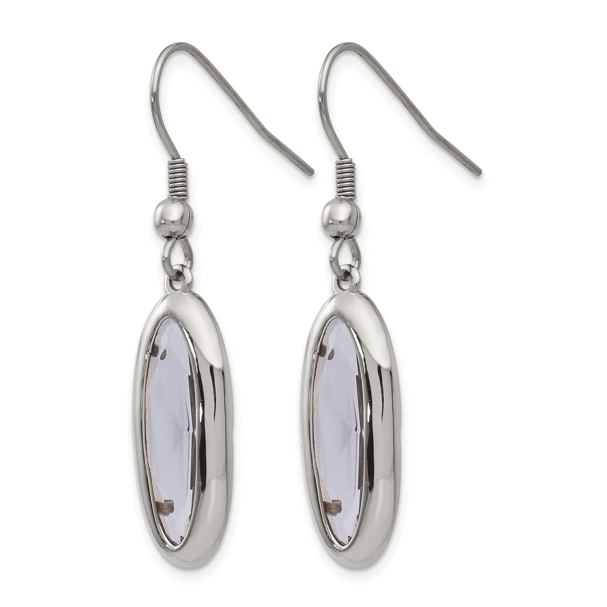 Pair of silver-toned dangle earrings with oval lavender-colored stone pendants and hook-style ear wires.